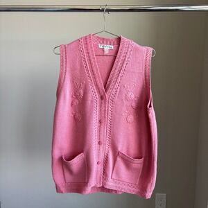 90s Vintage TC Fashion Pink Sweater Vest L Floral Embroidered Knit Coquette‎